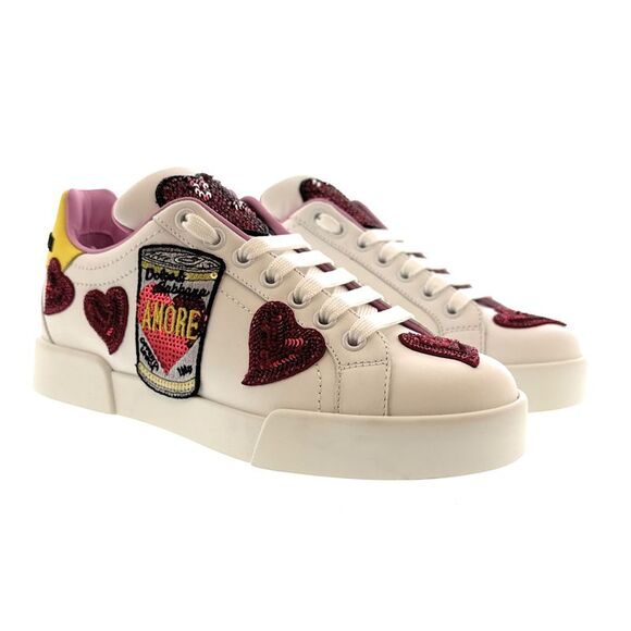 Dolce & Gabbana White Sequin Heart Embellished Sneakers-35